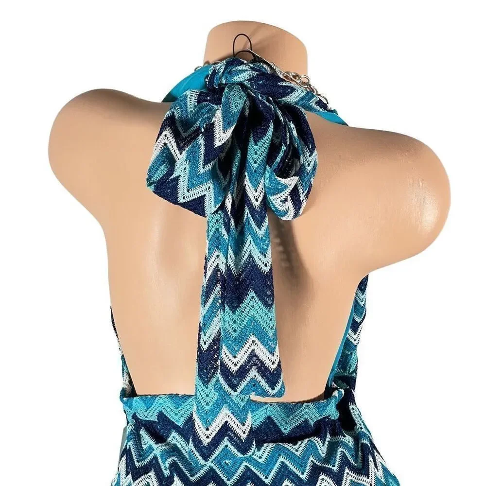 NWT Almost famous Sz L Teal White Chevron Backless Cleavage Sexy Fun mini dress